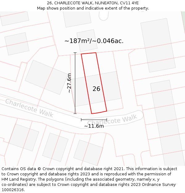 26, CHARLECOTE WALK, NUNEATON, CV11 4YE: Plot and title map