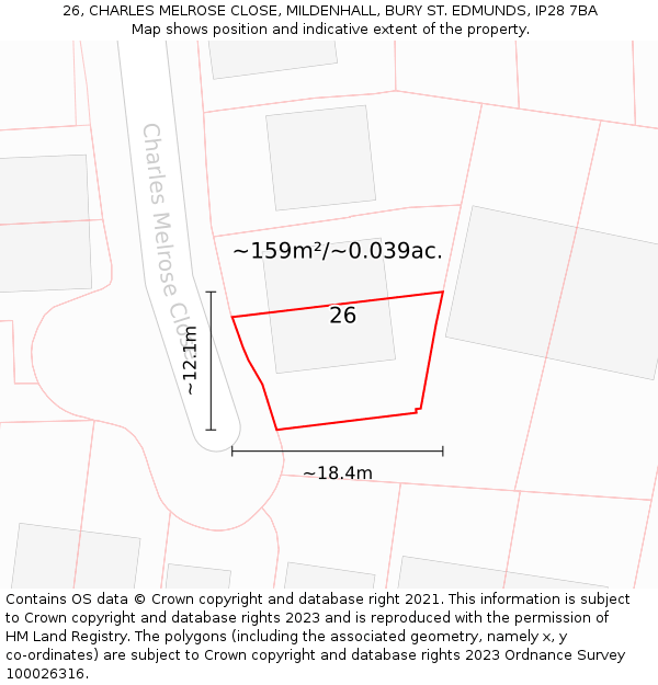 26, CHARLES MELROSE CLOSE, MILDENHALL, BURY ST. EDMUNDS, IP28 7BA: Plot and title map