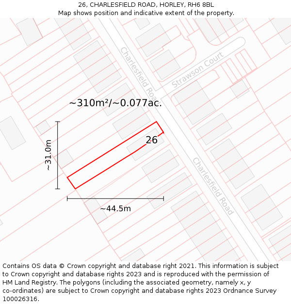 26, CHARLESFIELD ROAD, HORLEY, RH6 8BL: Plot and title map