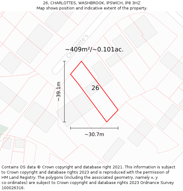 26, CHARLOTTES, WASHBROOK, IPSWICH, IP8 3HZ: Plot and title map