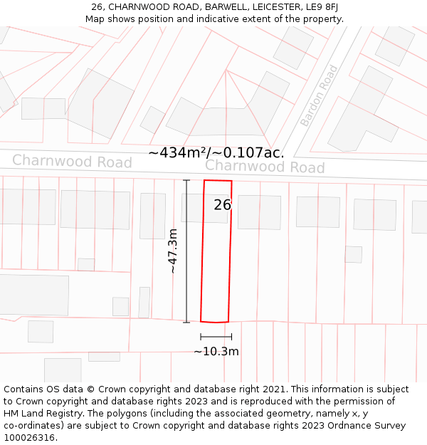 26, CHARNWOOD ROAD, BARWELL, LEICESTER, LE9 8FJ: Plot and title map