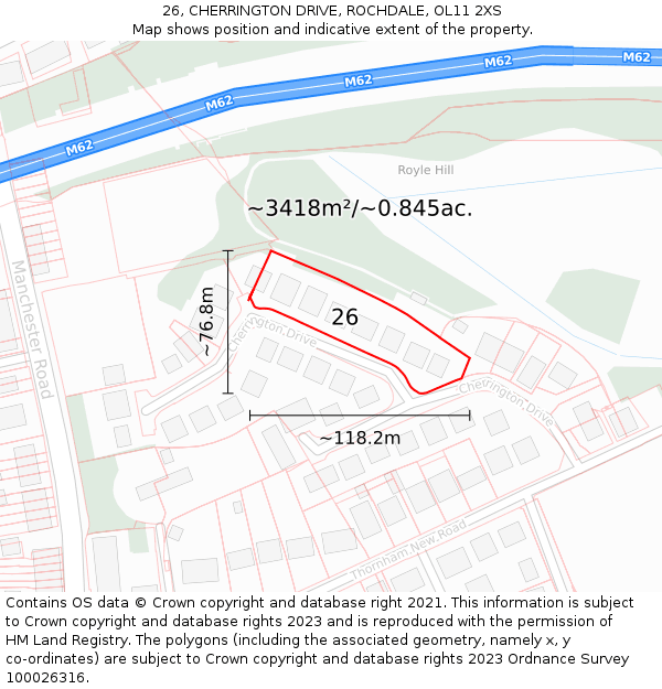 26, CHERRINGTON DRIVE, ROCHDALE, OL11 2XS: Plot and title map