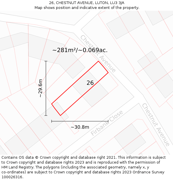 26, CHESTNUT AVENUE, LUTON, LU3 3JA: Plot and title map