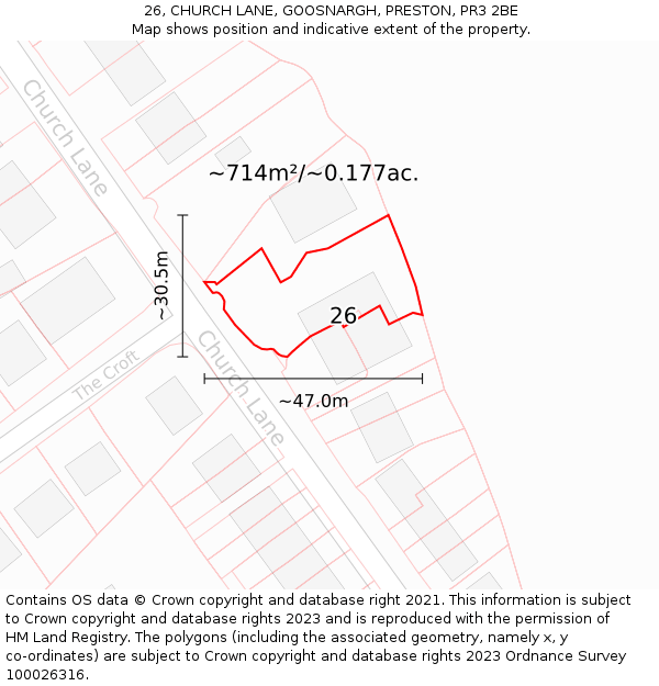 26, CHURCH LANE, GOOSNARGH, PRESTON, PR3 2BE: Plot and title map