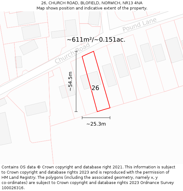 26, CHURCH ROAD, BLOFIELD, NORWICH, NR13 4NA: Plot and title map