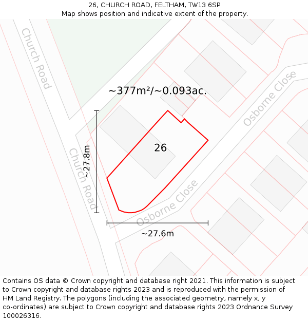 26, CHURCH ROAD, FELTHAM, TW13 6SP: Plot and title map