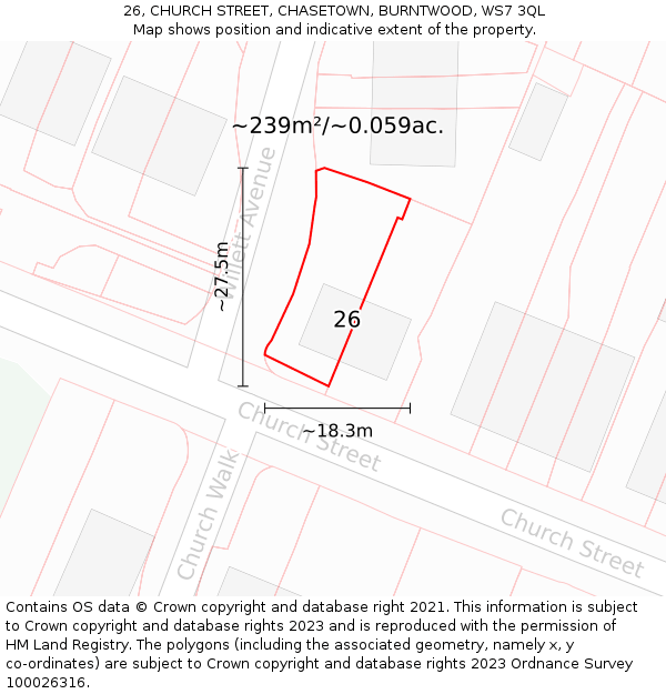 26, CHURCH STREET, CHASETOWN, BURNTWOOD, WS7 3QL: Plot and title map