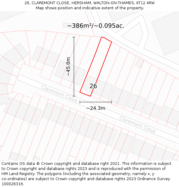 26, CLAREMONT CLOSE, HERSHAM, WALTON-ON-THAMES, KT12 4RW: Plot and title map