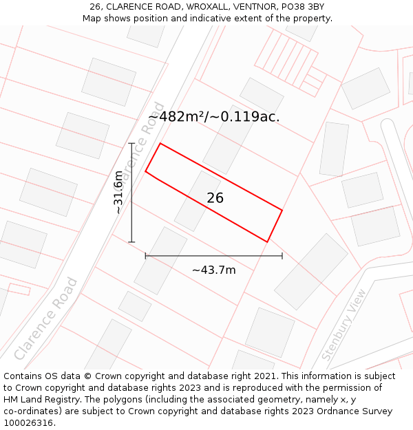 26, CLARENCE ROAD, WROXALL, VENTNOR, PO38 3BY: Plot and title map