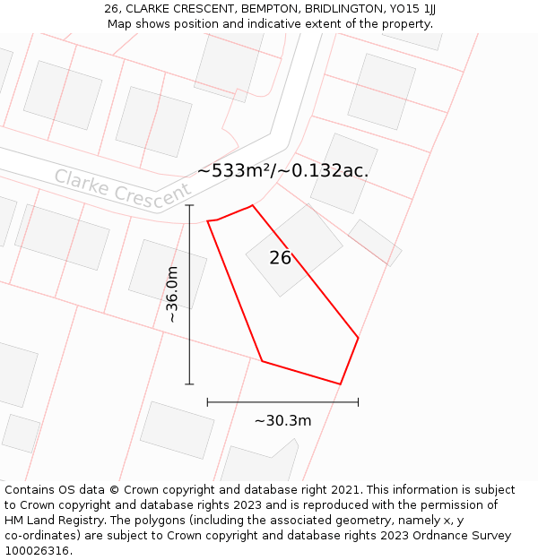 26, CLARKE CRESCENT, BEMPTON, BRIDLINGTON, YO15 1JJ: Plot and title map