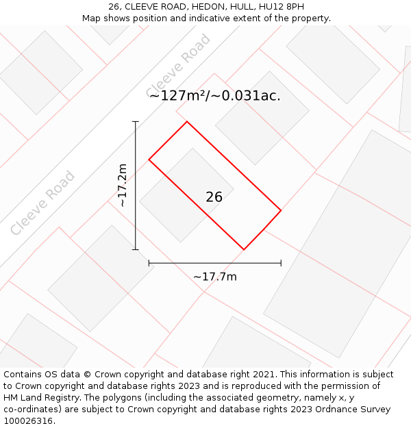 26, CLEEVE ROAD, HEDON, HULL, HU12 8PH: Plot and title map