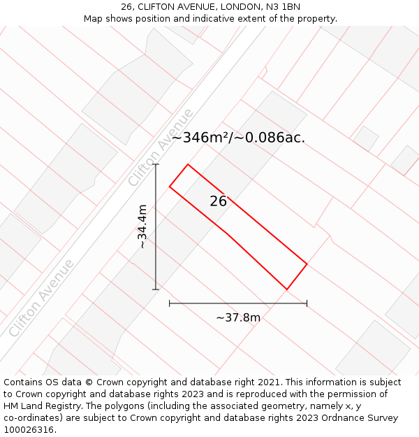 26, CLIFTON AVENUE, LONDON, N3 1BN: Plot and title map