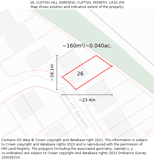 26, CLIFTON HILL GARDENS, CLIFTON, PENRITH, CA10 2FE: Plot and title map