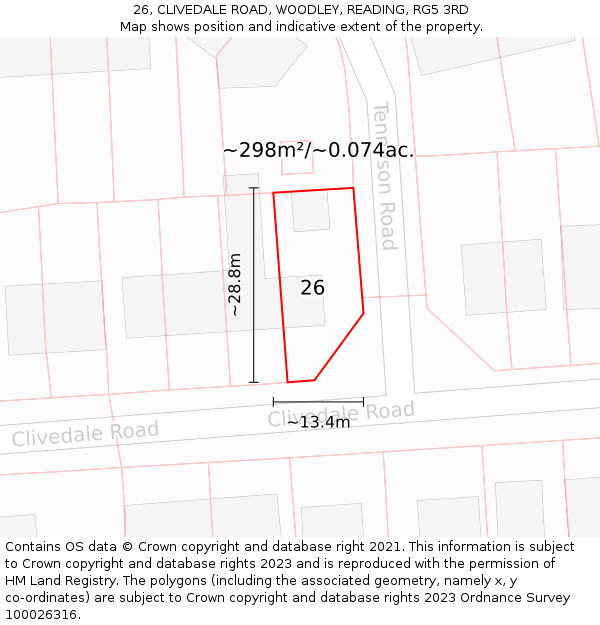 26, CLIVEDALE ROAD, WOODLEY, READING, RG5 3RD: Plot and title map