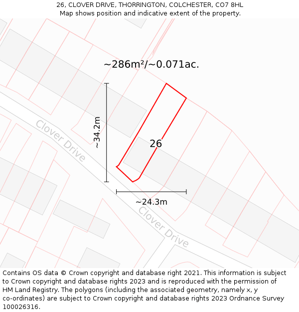 26, CLOVER DRIVE, THORRINGTON, COLCHESTER, CO7 8HL: Plot and title map
