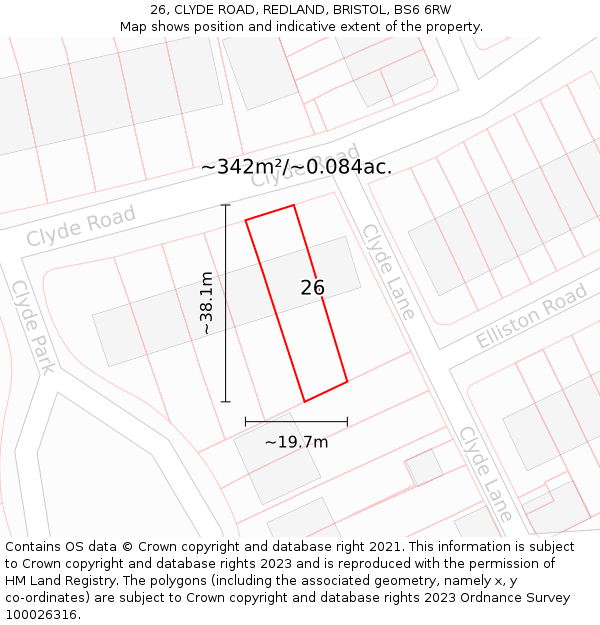 26, CLYDE ROAD, REDLAND, BRISTOL, BS6 6RW: Plot and title map