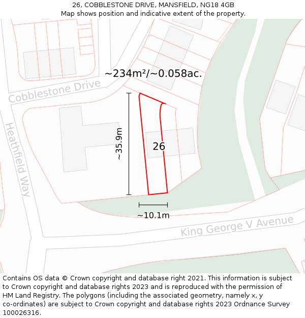 26, COBBLESTONE DRIVE, MANSFIELD, NG18 4GB: Plot and title map