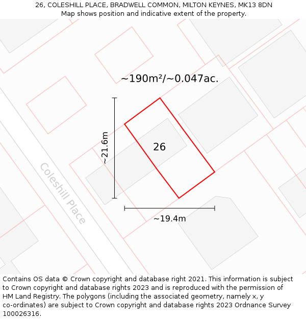 26, COLESHILL PLACE, BRADWELL COMMON, MILTON KEYNES, MK13 8DN: Plot and title map