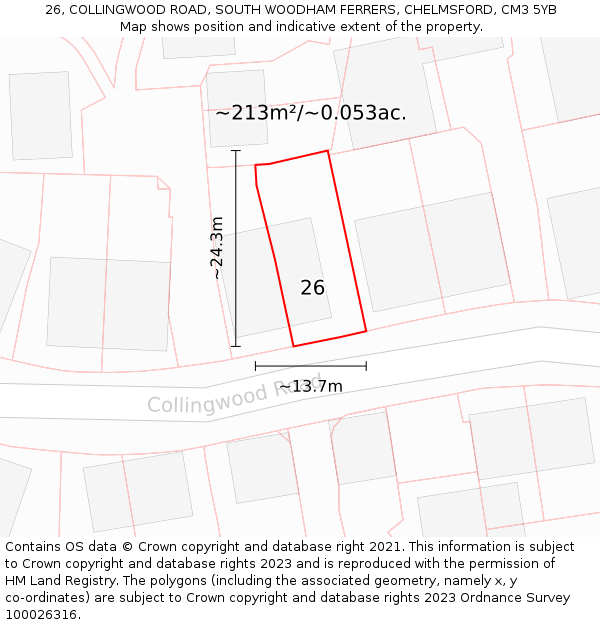 26, COLLINGWOOD ROAD, SOUTH WOODHAM FERRERS, CHELMSFORD, CM3 5YB: Plot and title map