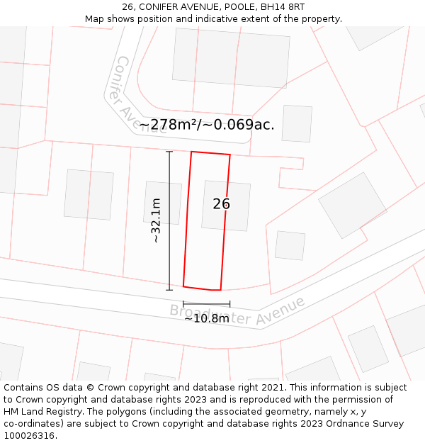 26, CONIFER AVENUE, POOLE, BH14 8RT: Plot and title map