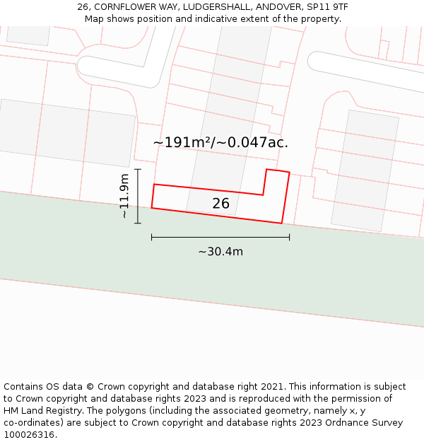 26, CORNFLOWER WAY, LUDGERSHALL, ANDOVER, SP11 9TF: Plot and title map