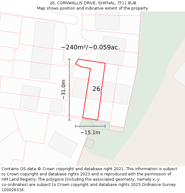 26, CORNWALLIS DRIVE, SHIFNAL, TF11 8UB: Plot and title map