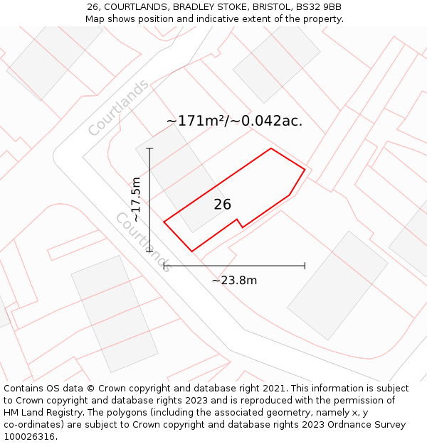 26, COURTLANDS, BRADLEY STOKE, BRISTOL, BS32 9BB: Plot and title map