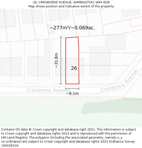 26, CRANBORNE AVENUE, WARRINGTON, WA4 6DB: Plot and title map