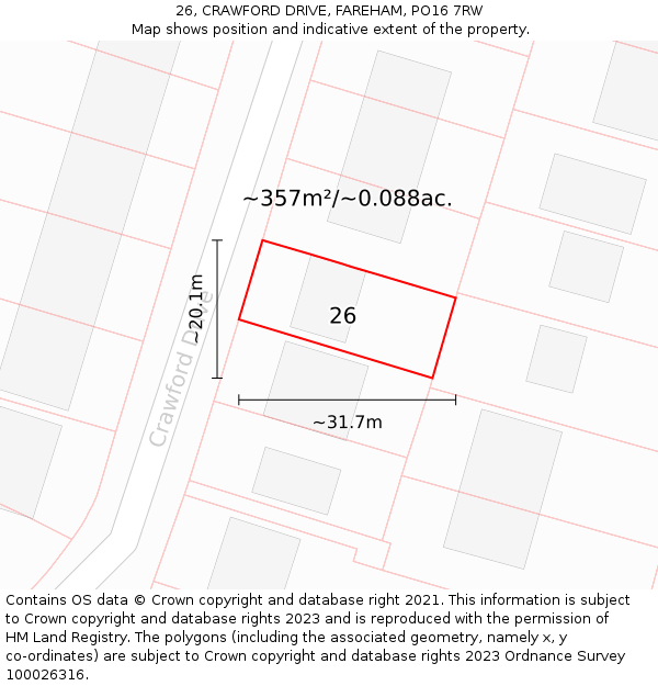 26, CRAWFORD DRIVE, FAREHAM, PO16 7RW: Plot and title map