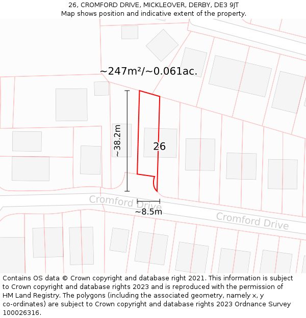 26, CROMFORD DRIVE, MICKLEOVER, DERBY, DE3 9JT: Plot and title map