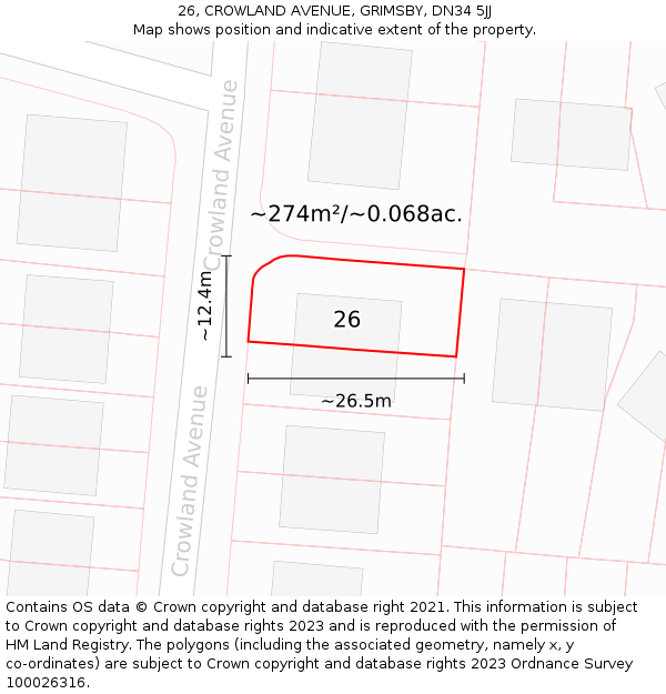 26, CROWLAND AVENUE, GRIMSBY, DN34 5JJ: Plot and title map