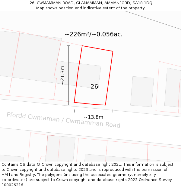 26, CWMAMMAN ROAD, GLANAMMAN, AMMANFORD, SA18 1DQ: Plot and title map