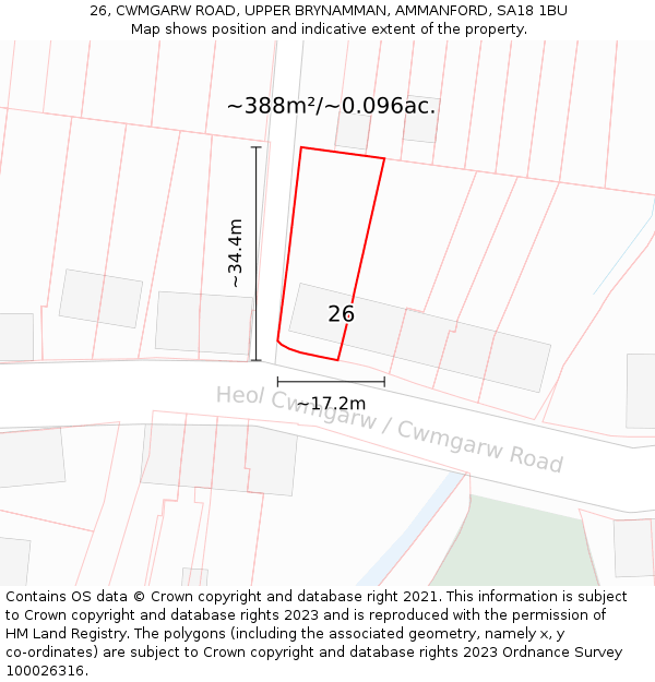 26, CWMGARW ROAD, UPPER BRYNAMMAN, AMMANFORD, SA18 1BU: Plot and title map