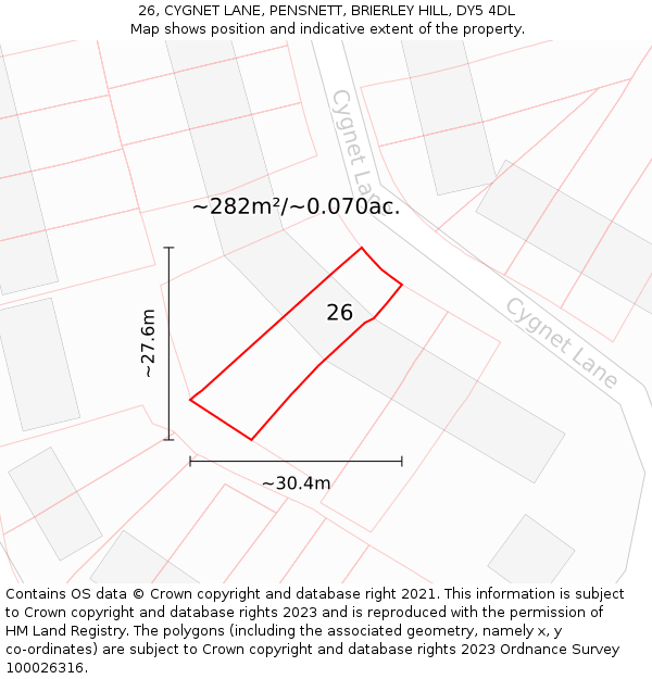 26, CYGNET LANE, PENSNETT, BRIERLEY HILL, DY5 4DL: Plot and title map