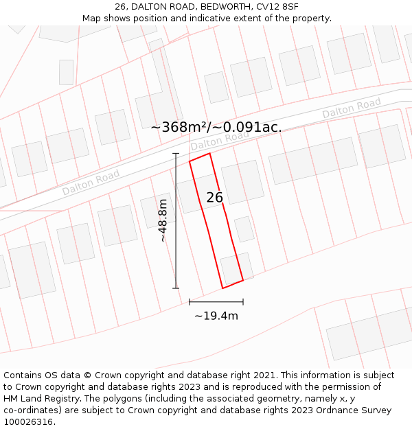 26, DALTON ROAD, BEDWORTH, CV12 8SF: Plot and title map