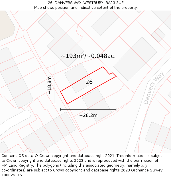 26, DANVERS WAY, WESTBURY, BA13 3UE: Plot and title map