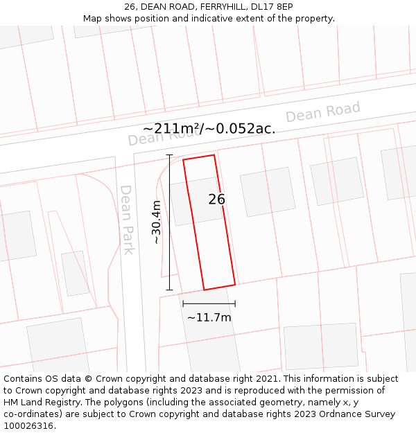 26, DEAN ROAD, FERRYHILL, DL17 8EP: Plot and title map