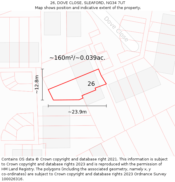 26, DOVE CLOSE, SLEAFORD, NG34 7UT: Plot and title map