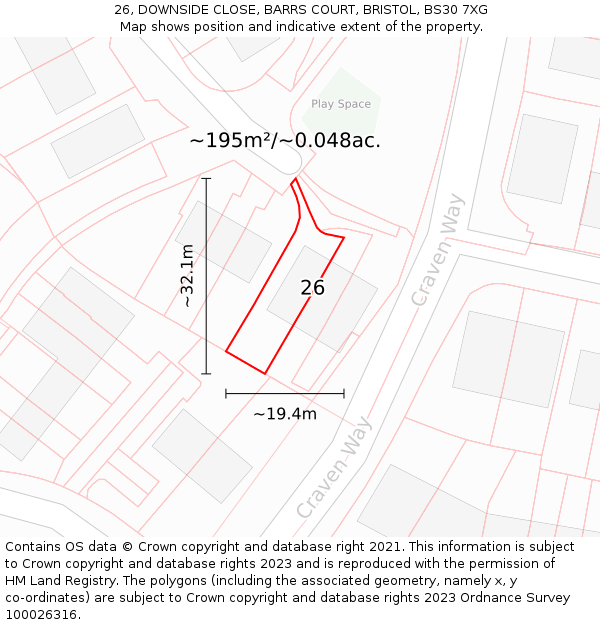 26, DOWNSIDE CLOSE, BARRS COURT, BRISTOL, BS30 7XG: Plot and title map