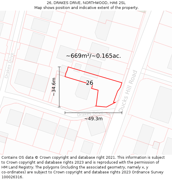 26, DRAKES DRIVE, NORTHWOOD, HA6 2SL: Plot and title map