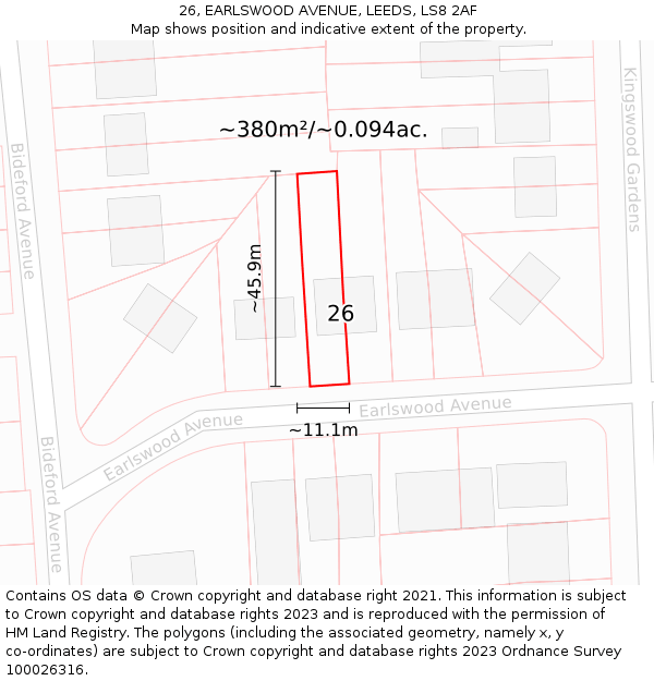 26, EARLSWOOD AVENUE, LEEDS, LS8 2AF: Plot and title map