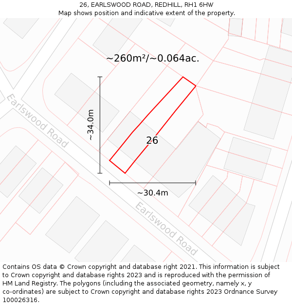 26, EARLSWOOD ROAD, REDHILL, RH1 6HW: Plot and title map