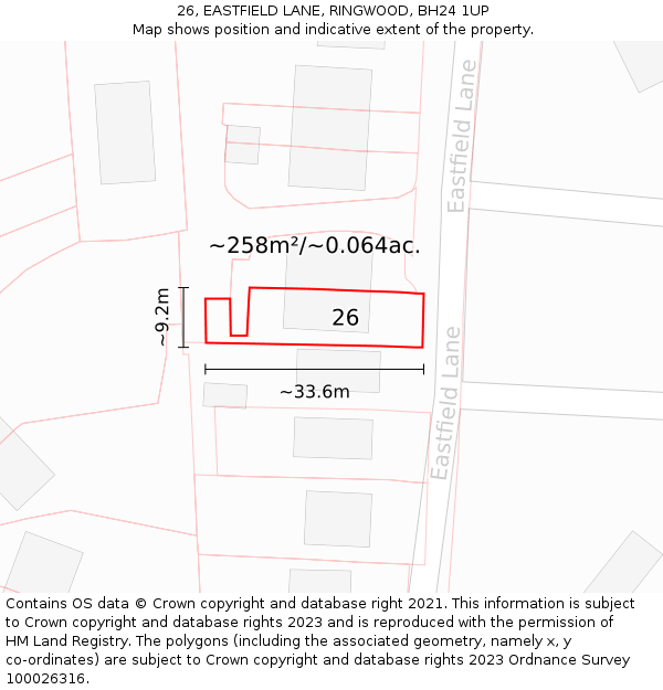 26, EASTFIELD LANE, RINGWOOD, BH24 1UP: Plot and title map