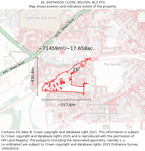 26, EASTWOOD CLOSE, BOLTON, BL3 4TG: Plot and title map