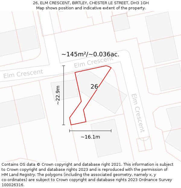 26, ELM CRESCENT, BIRTLEY, CHESTER LE STREET, DH3 1GH: Plot and title map