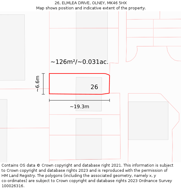 26, ELMLEA DRIVE, OLNEY, MK46 5HX: Plot and title map