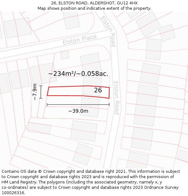 26, ELSTON ROAD, ALDERSHOT, GU12 4HX: Plot and title map