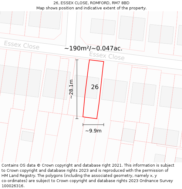 26, ESSEX CLOSE, ROMFORD, RM7 8BD: Plot and title map