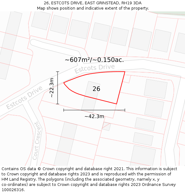 26, ESTCOTS DRIVE, EAST GRINSTEAD, RH19 3DA: Plot and title map