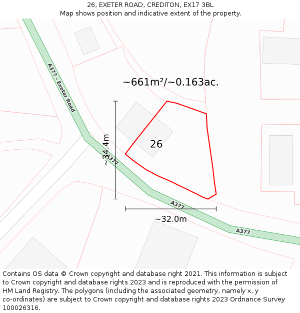 26, EXETER ROAD, CREDITON, EX17 3BL: Plot and title map